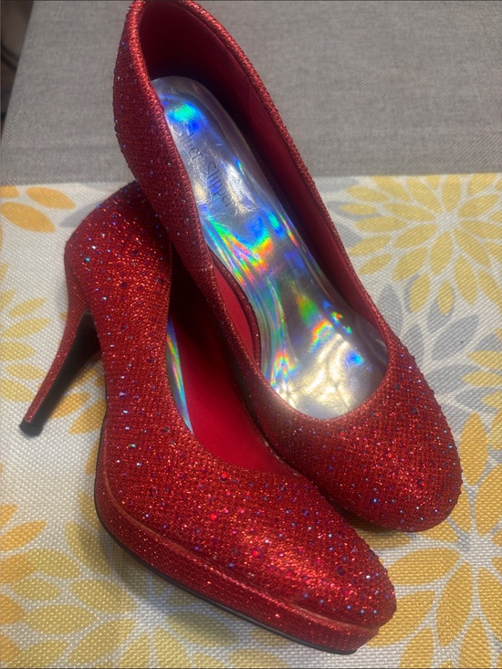 Silver Slipper Shoes - Red Glitter Platform High Heels with Sparkle Embellishments